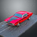 Shiny Red Classic Muscle Car With Black Stripe On Wet Muddy Platform In Rain