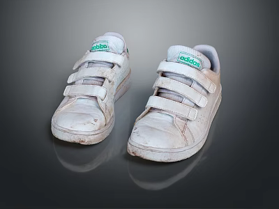 White Retro Worn Sneakers With Velcro Straps Green Label And Dirty Soles 3d model
