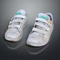 White Retro Worn Sneakers With Velcro Straps Green Label And Dirty Soles