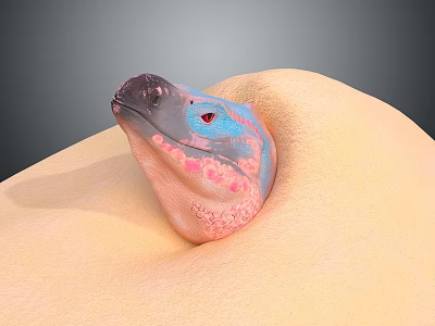 Gray And Pink Spotted Reptile Head With Blue Eyes Emerging From Yellow Sandy Surface 3d model