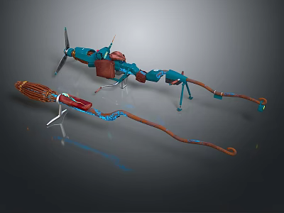 Blue Red And Brown Space Exploration Machinery With Propeller Glowing Lines And Elongated Structure 3d model