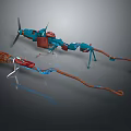 Blue Red And Brown Space Exploration Machinery With Propeller Glowing Lines And Elongated Structure
