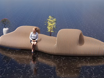 Curved Abstract Sofa Featuring Person Sitting And Plants On Black Marble Floor 3d model