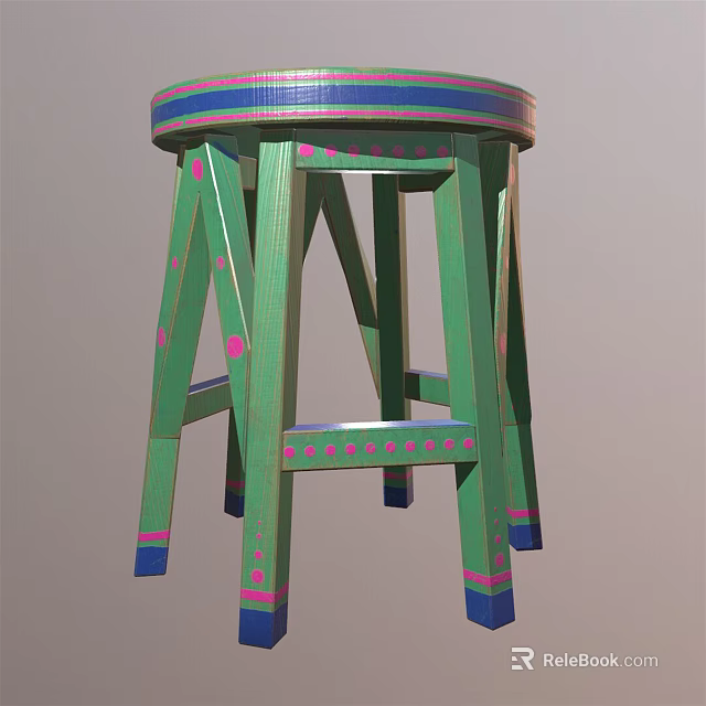Green Wooden Stool With Pink Dots Blue Trim And Striped Seat Surface 3d model 