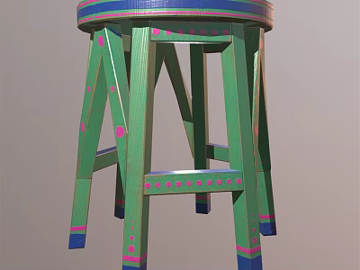 Green Wooden Stool With Pink Dots Blue Trim And Striped Seat Surface 3d model