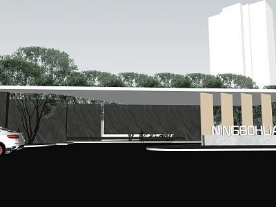 Modern Garden Landscape Design with Lush Trees and Architectural Entrance Structure Near High Rise Building 3d model