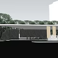Modern Garden Landscape Design with Lush Trees and Architectural Entrance Structure Near High Rise Building