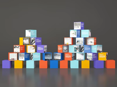 Vibrant Window Display With Pyramid Stacked Colorful Cubes Featuring Images And Text 3d model
