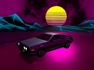 Vintage Sports Car On Neon Purple Background With Yellow Sunset And Geometric Mountains 3d model