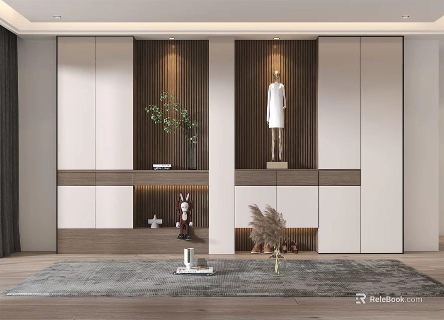 Modern Shoe Cabinet Design in Contemporary Entryway With Storage Compartments Decorative Plants And Wooden Finish 3d model 