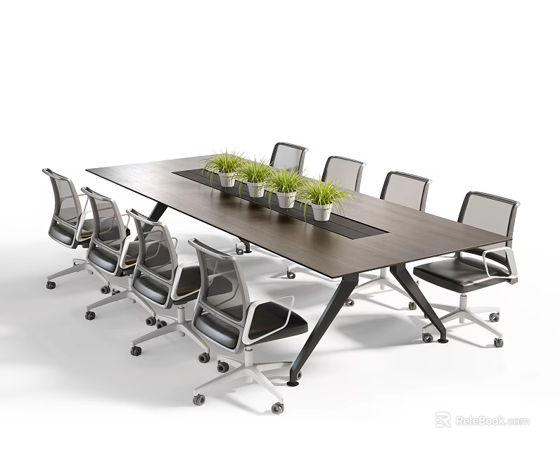 Modern Office Conference Table and Chair Set with Rolling Chairs and Potted Plants 3d model 