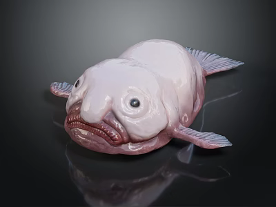 Strange White Fish With Large Eyes Bulging Mouth Rounded Body On Black Background And Reflection 3d model