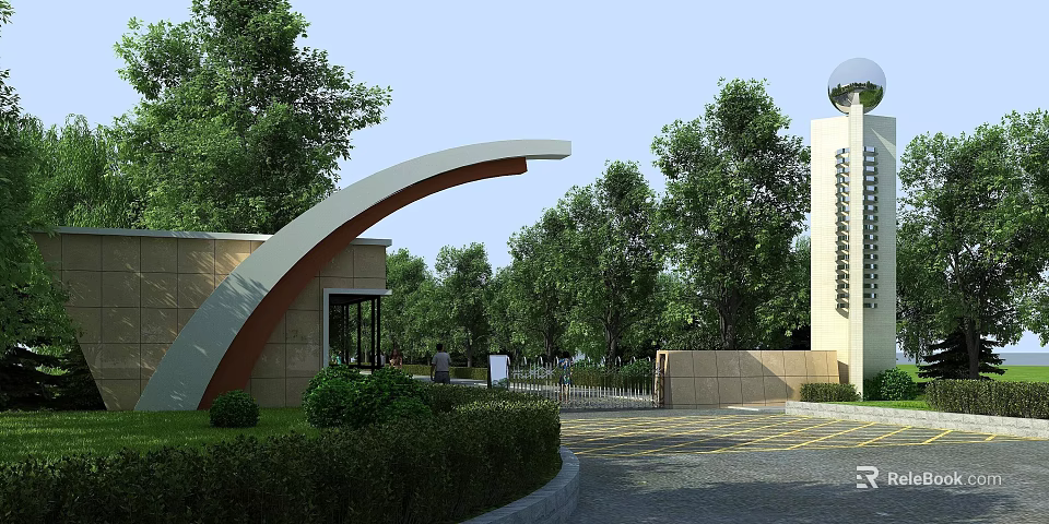 Arched Entrance Gate Surrounded by Lush Green Trees and Building Structure 3d model 