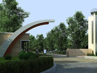 Arched Entrance Gate Surrounded by Lush Green Trees and Building Structure 3d model
