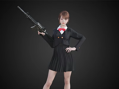 Woman Standing In Black Pleated Skirt Holding Rifle With Red Bow Tie 3d model