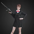 Woman Standing In Black Pleated Skirt Holding Rifle With Red Bow Tie