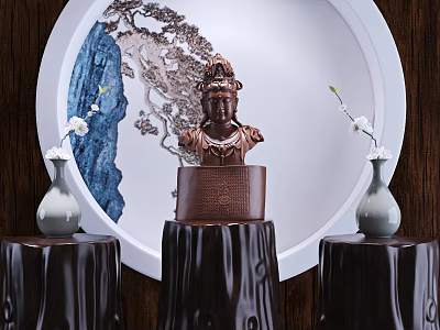 Elegant Buddha Bust Sculpture with Circular Landscape Painting and White Vases on Wooden Pedestals 3d model