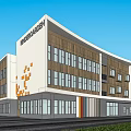 Modern Multi Story School Building Exterior With Wooden Facade Large Windows And Trees