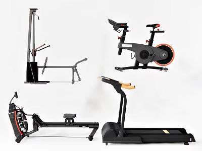 Various Home Sports Equipment Including Treadmill Exercise Bike And Rowing Machine 3d model