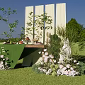 Outdoor Setup With Green Table Food Drinks Pink Flowers Green Plants And White Backdrop