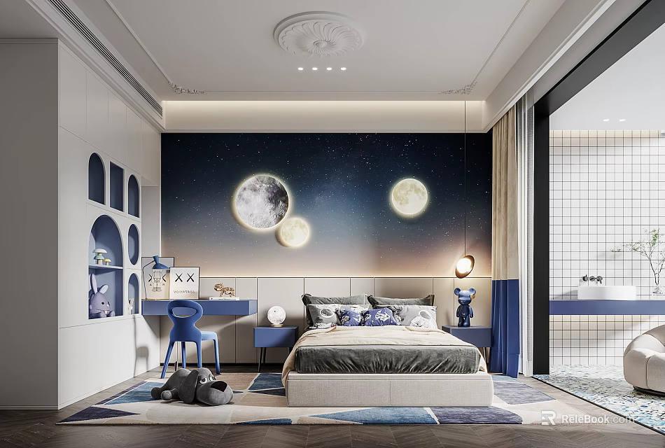 Starry Sky Kids Room Interior Design With Moon Wall Decor Bed Desk And Blue Rug 3d model 