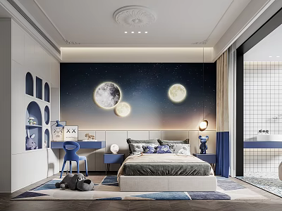 Starry Sky Kids Room Interior Design With Moon Wall Decor Bed Desk And Blue Rug 3d model