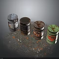 Colored Food Storage Containers With Scattered Debris On Dark Surface