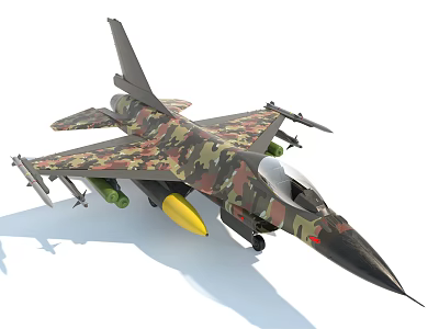 Camouflage Painted Military Fighter Jet with Sharp Nose Mounted Missiles and Landing Gear 3d model