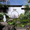 Rockery Stones in Traditional Chinese Garden with Lush Greenery Stone Steps and Round Gate