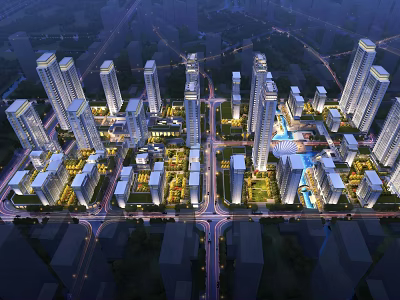 Modern Urban Residential Complex Night View With High Rise Buildings And Landscape Lighting 3d model