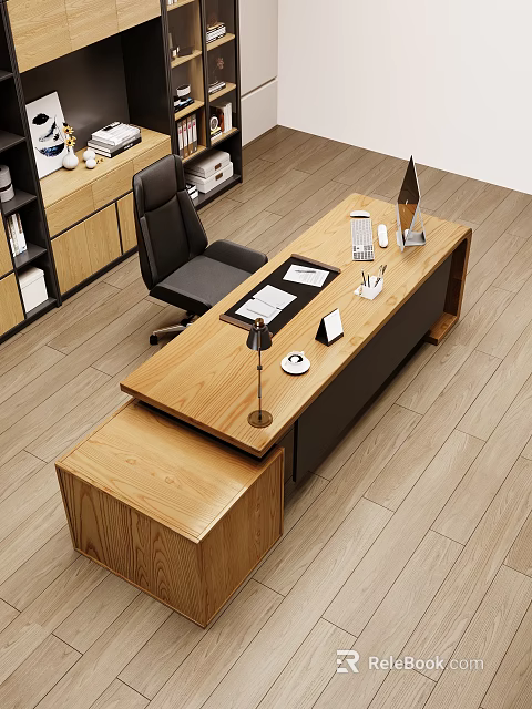 Modern Wooden Office Desk With Table Lamp Tablet Documents Black Chair And Wooden Floor 3d model 