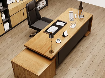 Modern Wooden Office Desk With Table Lamp Tablet Documents Black Chair And Wooden Floor 3d model