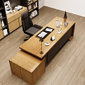 Modern Wooden Office Desk With Table Lamp Tablet Documents Black Chair And Wooden Floor