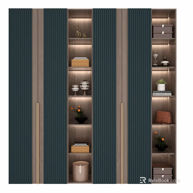 Modern Wardrobe With Dark Green Doors Wooden Shelves Gold Handles And Storage Compartments 3d model 