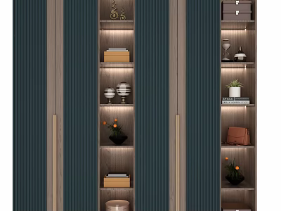 Modern Wardrobe With Dark Green Doors Wooden Shelves Gold Handles And Storage Compartments 3d model