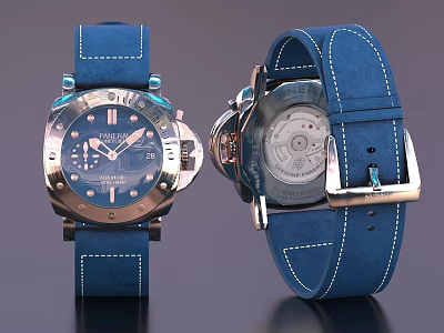 Blue Leather Strap Wristwatches Showing Front Dial And Back Movement 3d model