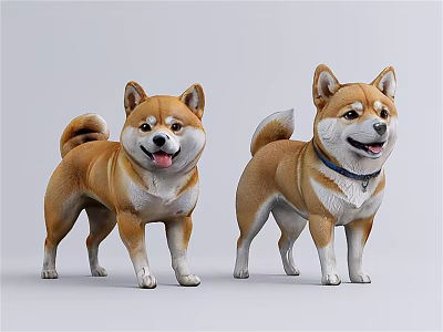 Cute Brown And White Shiba Inu Statues With Collar Standing Decorative Figurines 3d model