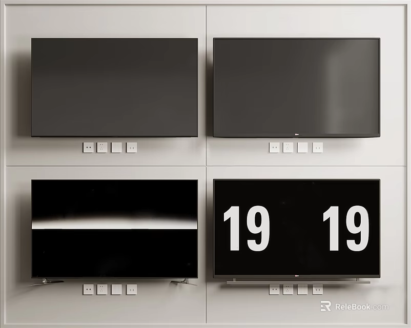 Four Wall Mounted Black Frame TVs With Digital Display 19 19 3d model