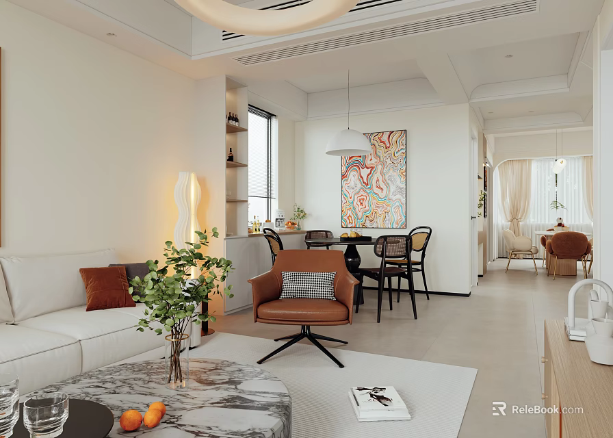 Bright Modern Open Plan Living And Dining Room Interior Design With Cozy Home Furnishings 3d model 