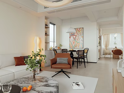 Bright Modern Open Plan Living And Dining Room Interior Design With Cozy Home Furnishings 3d model