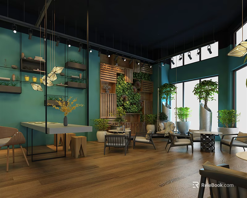 Modern Bubble Tea Shop Interior With Cozy Seating Green Plants And Wooden Floors 3d model 