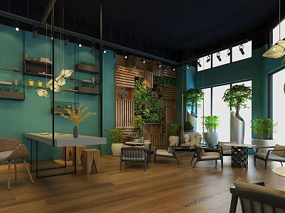 Modern Bubble Tea Shop Interior With Cozy Seating Green Plants And Wooden Floors 3d model
