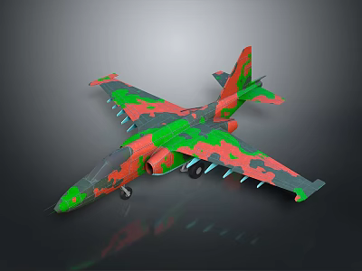 3D Rendered Space Shuttle With Red Green Camouflage Landing Gear On Dark Reflective Background 3d model