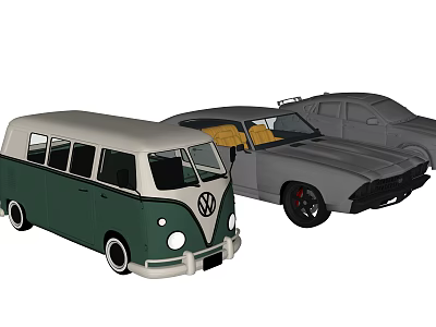 Vintage Green Volkswagen Van Gray Muscle Car and Sedan Vehicle 3d model