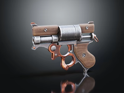 Vintage Revolver With Wooden Grip And Copper Silver Metal Components On Dark Background 3d model