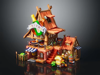 Cartoon Whimsical Beer Tavern Scene With Red Roof Wooden Structure Beer Signboard Stairs And Barrels 3d model
