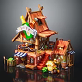 Cartoon Whimsical Beer Tavern Scene With Red Roof Wooden Structure Beer Signboard Stairs And Barrels