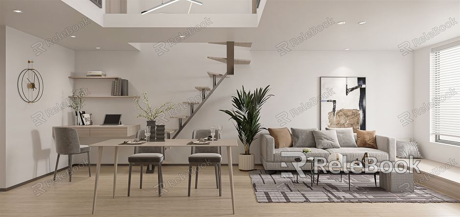 Modern Apartment Apartment Guest Restaurant Combination Sofa Duplex Stair Dining Table Simple Open Kitchen Lounge Chair model