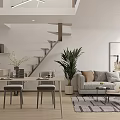 Modern Apartment Interior Design With Staircase Dining Table Sofa Plants And Artwork