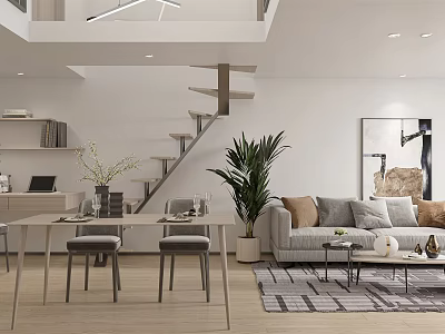 Modern Apartment Interior Design With Staircase Dining Table Sofa Plants And Artwork 3d model